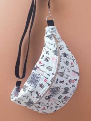 Sac banane XL en coton à motifs Paris, sangle noir et fermeture dorée